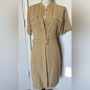 Kenar Linen Blend Tan Lined Button Down Belted Women's Academia Work Dress Sz 10